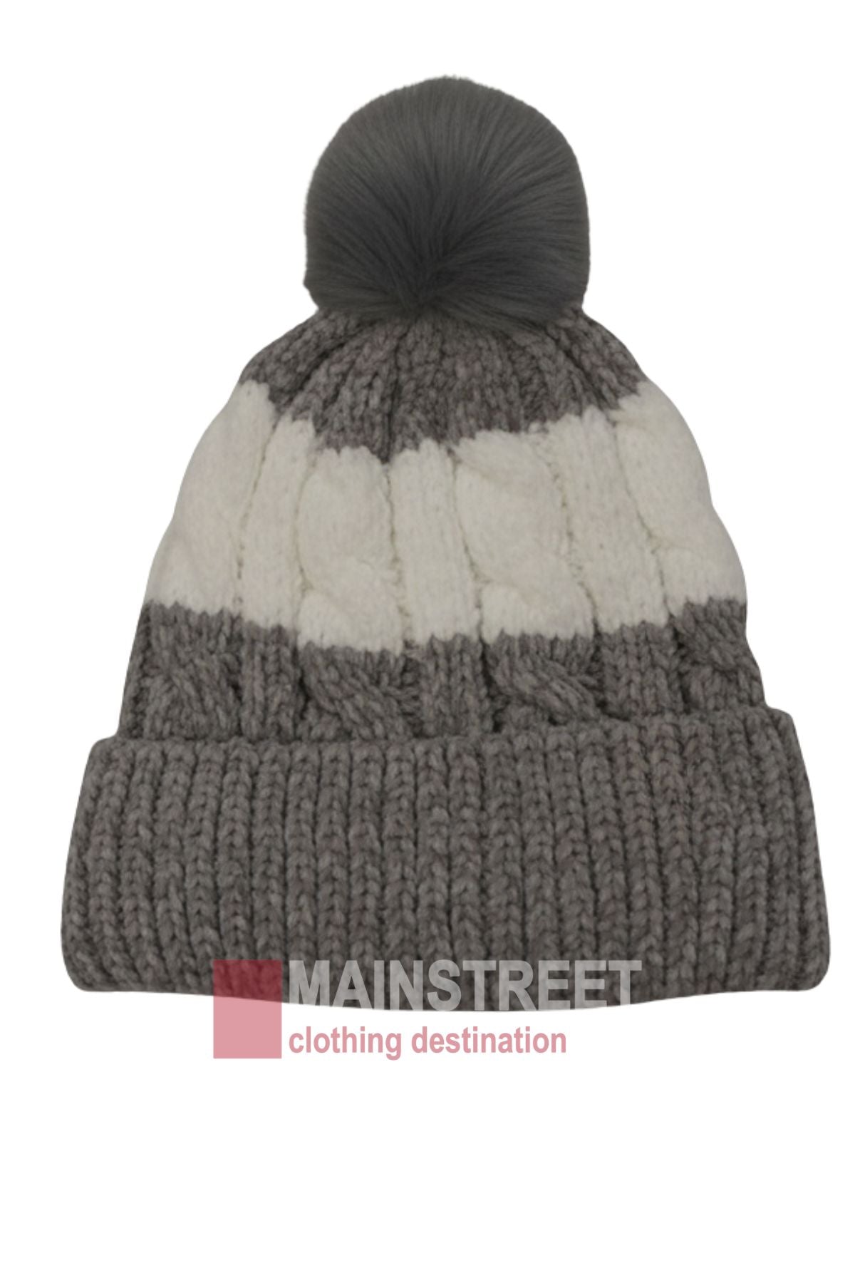 The Anticorp Ladies Snowbunny Lined Beanie features a gray and white color block design, thick ribbed cuff, cable knit texture, cozy fleece lining, and a large gray pom-pom. "MAINSTREET clothing destination" logo is overlaid at the bottom.