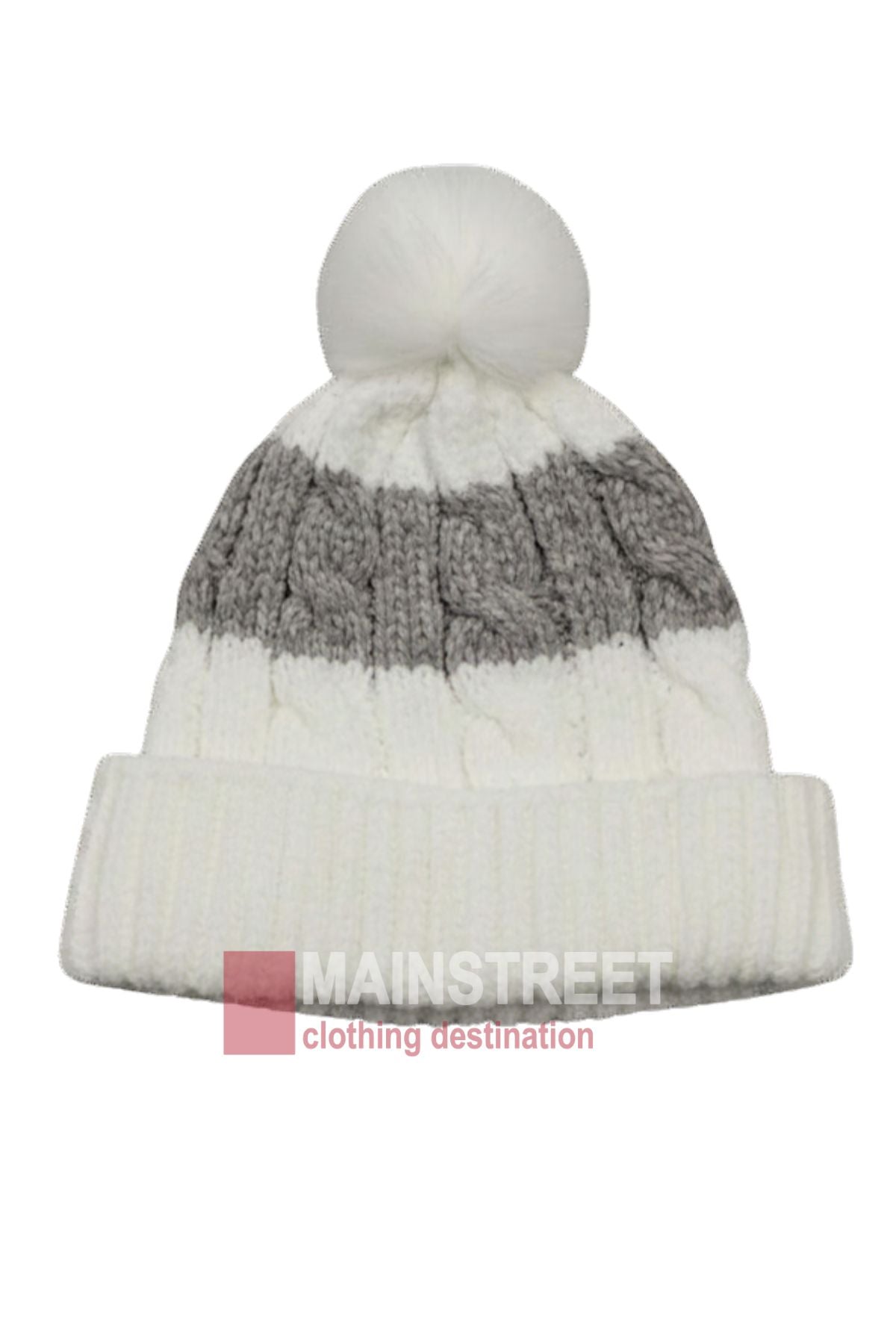 The Anticorp Ladies Snowbunny Lined Beanie is a winter essential with a white cable-knit design, thick gray stripe, cozy fleece lining, folded brim, and playful white pom-pom on top.