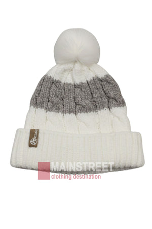 The Anticorp Ladies Snowbunny Lined Beanie is a cozy, fleece-lined winter essential with white and gray color blocks, a white pom-pom, folded brim, and a small brown logo tag—perfect for any winter beanie collection.