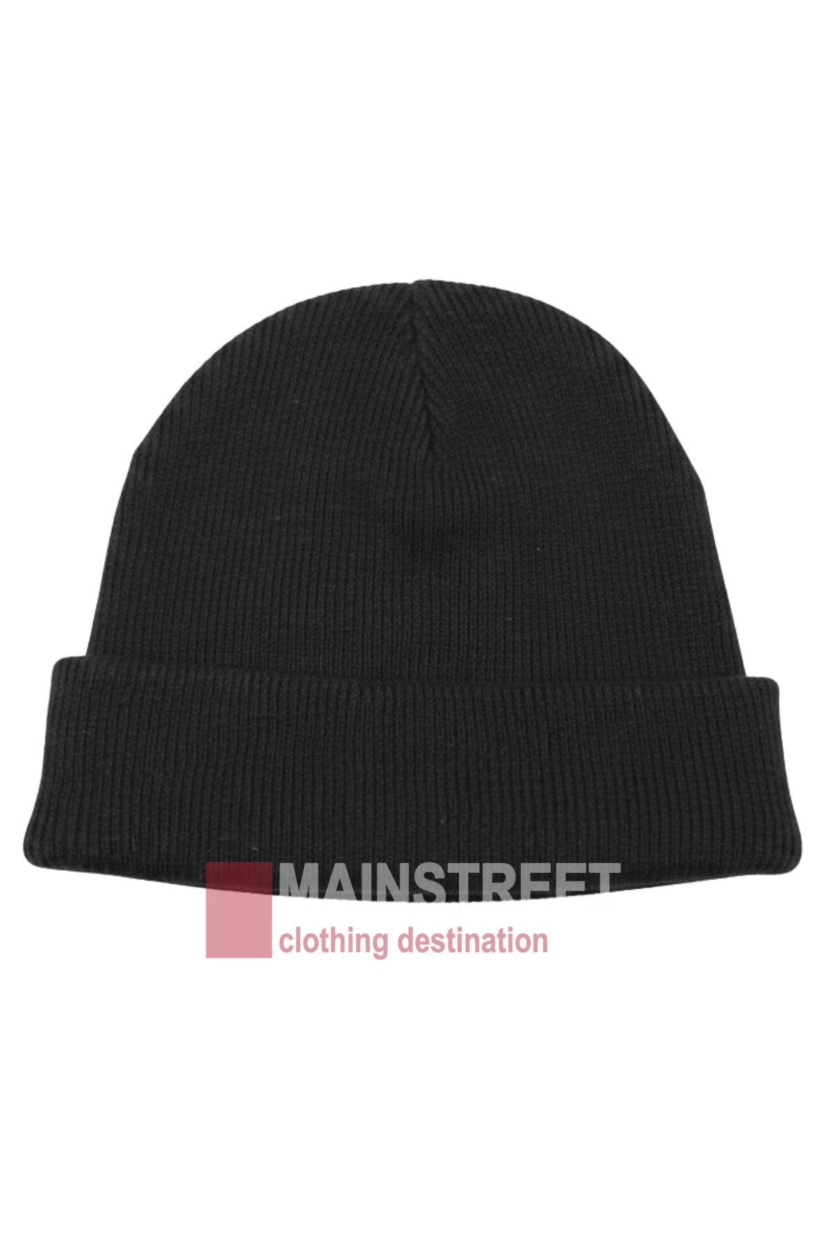 The Anticorp Mens 100% Wool Lined Beanie, in plain black ribbed knit with a folded brim, is displayed on a white background—ideal for chilly Australian winters. The Mainstreet Clothing Destination logo is shown at the bottom of the image.