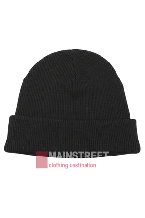 The Anticorp Mens 100% Wool Lined Beanie, in plain black ribbed knit with a folded brim, is displayed on a white background—ideal for chilly Australian winters. The Mainstreet Clothing Destination logo is shown at the bottom of the image.