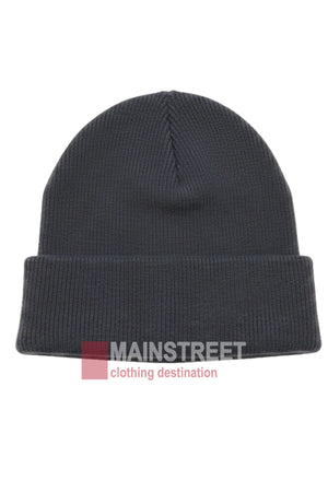 The Anticorp Mens 100% Wool Lined Beanie, a classic plain dark gray knit with folded brim, perfect for Australian winters, is shown on a white background. "MAINSTREET clothing destination" appears at the bottom of the image.