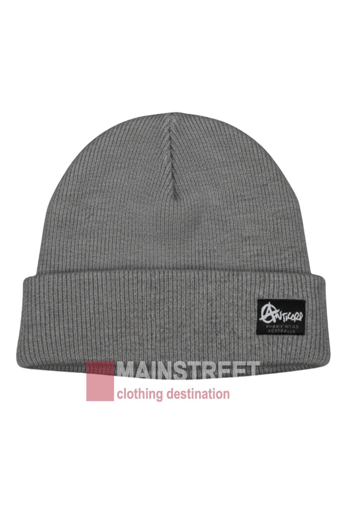 The Anticorp Mens 100% Wool Lined Beanie is a gray ribbed knit hat with a folded brim and a black-and-white patch on the front, offering classic style and cozy warmth for chilly Australian winters. Shown against a plain white background.