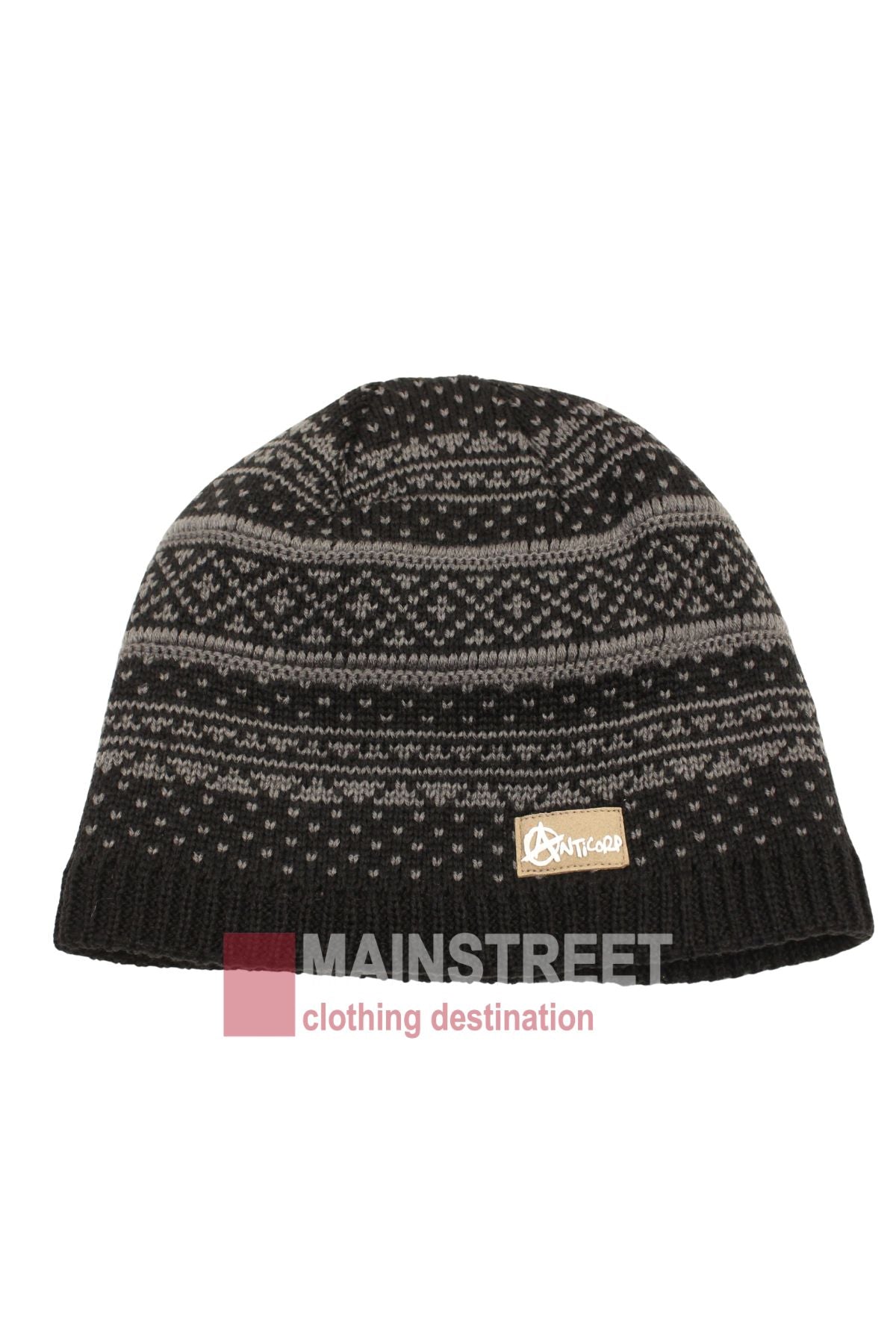 The Anticorp Mens Jacquard Lined Beanie, in black and gray with a small rectangular logo tag on the brim, is displayed against a white background with the Mainstreet Clothing Destination watermark at the bottom.