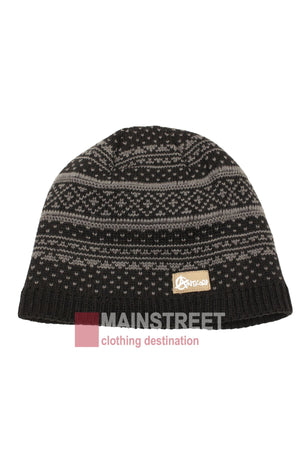 The Anticorp Mens Jacquard Lined Beanie, in black and gray with a small rectangular logo tag on the brim, is displayed against a white background with the Mainstreet Clothing Destination watermark at the bottom.