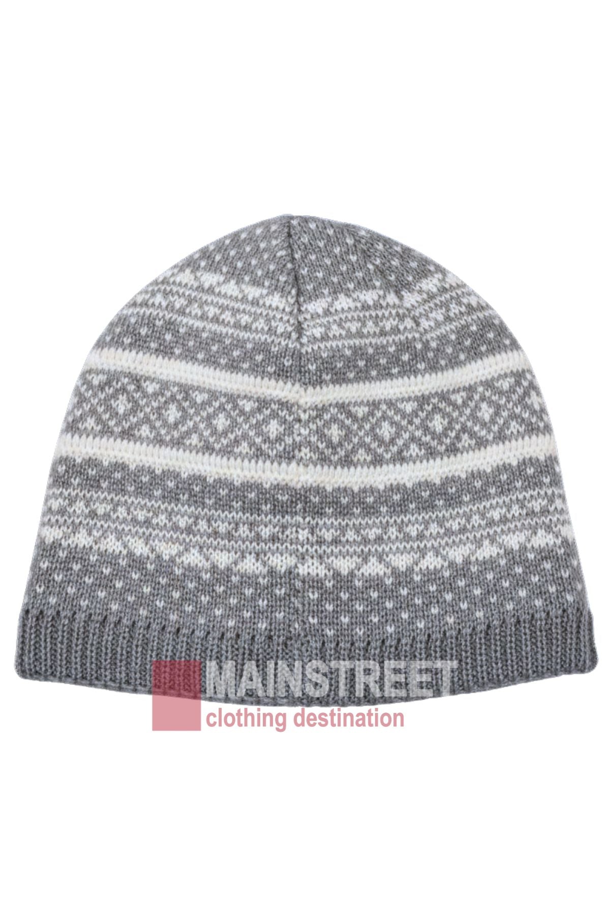 The Anticorp Mens Jacquard Lined Beanie is gray with white horizontal patterns, features a folded brim, and is shown on a white background.