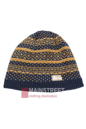 The Anticorp Mens Jacquard Lined Beanie features navy blue fabric with mustard yellow patterned stripes and dots, a small front patch label, and showcases stylish modern design with local craftsmanship.