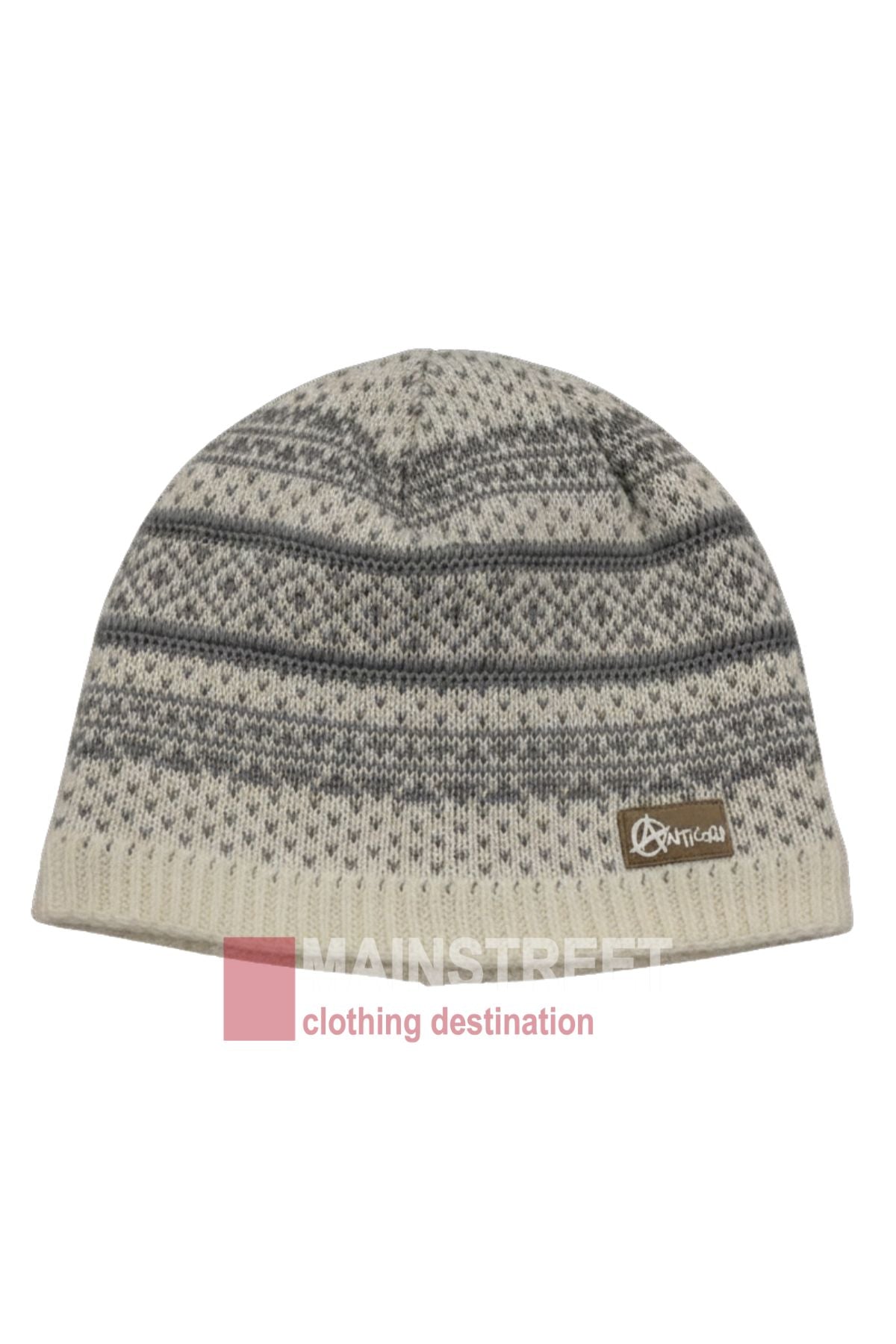 The Anticorp Mens Jacquard Lined Beanie features a cream and gray geometric pattern and a small brown Attic24 logo patch on the brim, displayed on a white background.