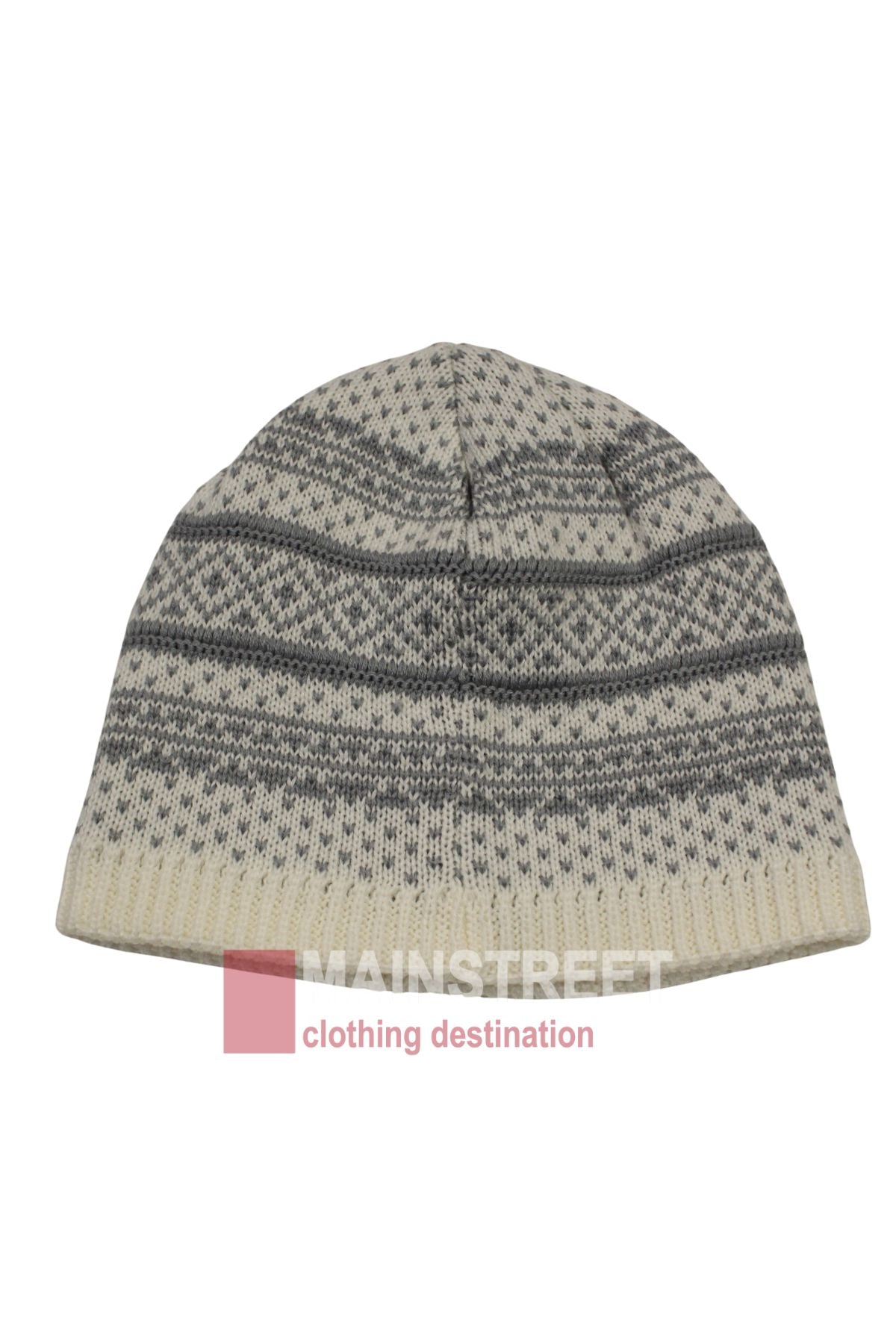 The Anticorp Mens Jacquard Lined Beanie is a modern grey and white beanie with horizontal stripes, detailed geometric accents, and the Mainstreet Clothing Destination logo shown at the bottom center of the image.