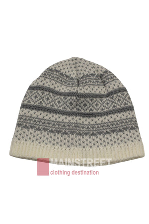 The Anticorp Mens Jacquard Lined Beanie is a modern grey and white beanie with horizontal stripes, detailed geometric accents, and the Mainstreet Clothing Destination logo shown at the bottom center of the image.