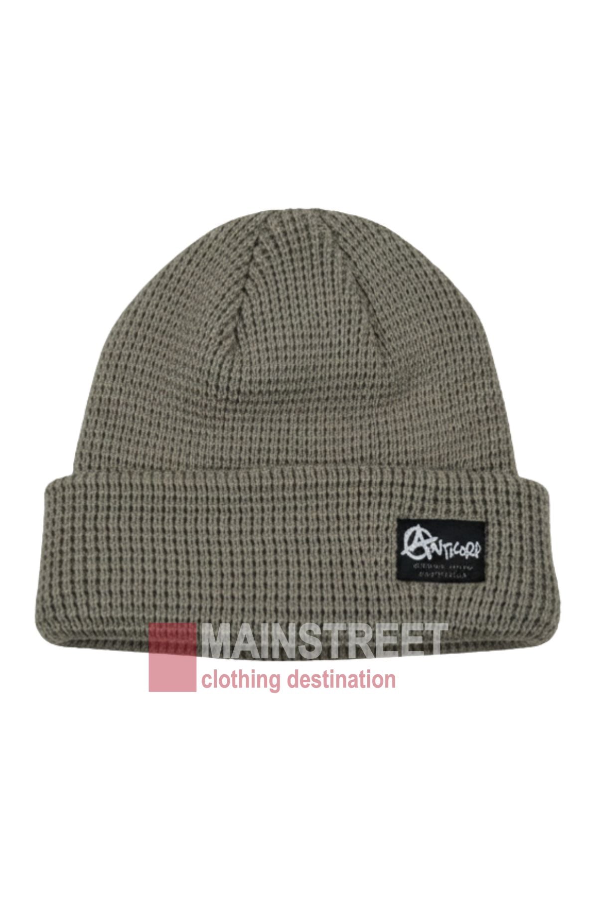 The Anticorp Mens Waffle Beanie is a gray knit hat with a folded brim and a black front patch with white logo. "MAINSTREET clothing destination" appears in red and gray, making it the ideal winter accessory.