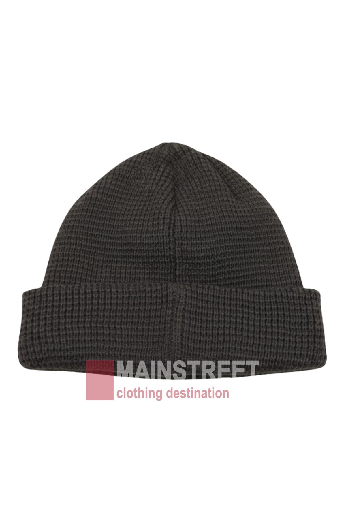 The Anticorp Mens Waffle Beanie, in dark grey with a folded brim and waffle-knit texture, is shown on a white background. Ideal for winter. The image includes the "MAINSTREET clothing destination" watermark at the bottom.