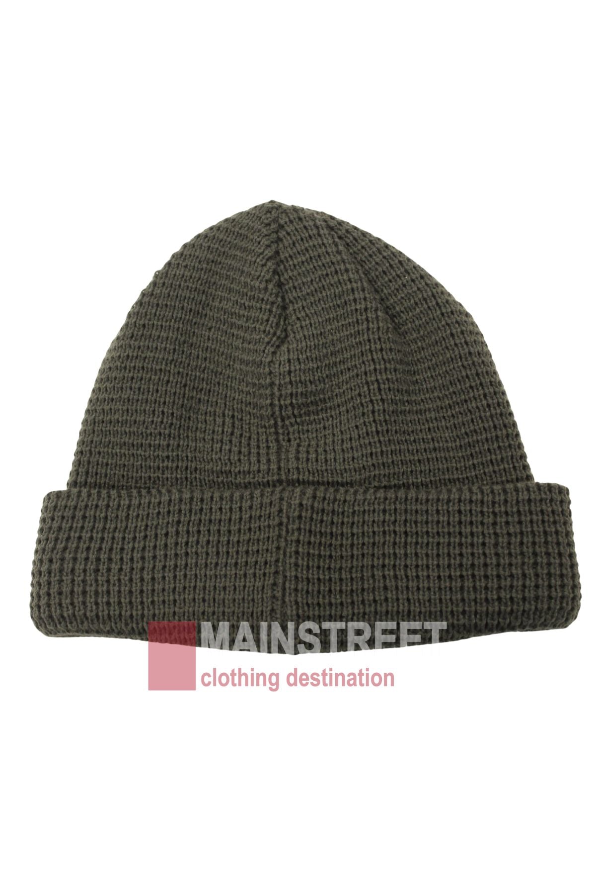 The Anticorp Mens Waffle Beanie in dark olive green features a folded brim and is shown on a white background with a semi-transparent "Mainstreet clothing destination" logo overlay at the bottom—ideal for your winter wardrobe.