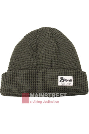 The Anticorp Mens Waffle Beanie is a dark green beanie with a folded brim, featuring a white rectangular patch with black text and graphics on the front—perfect for updating your winter style.