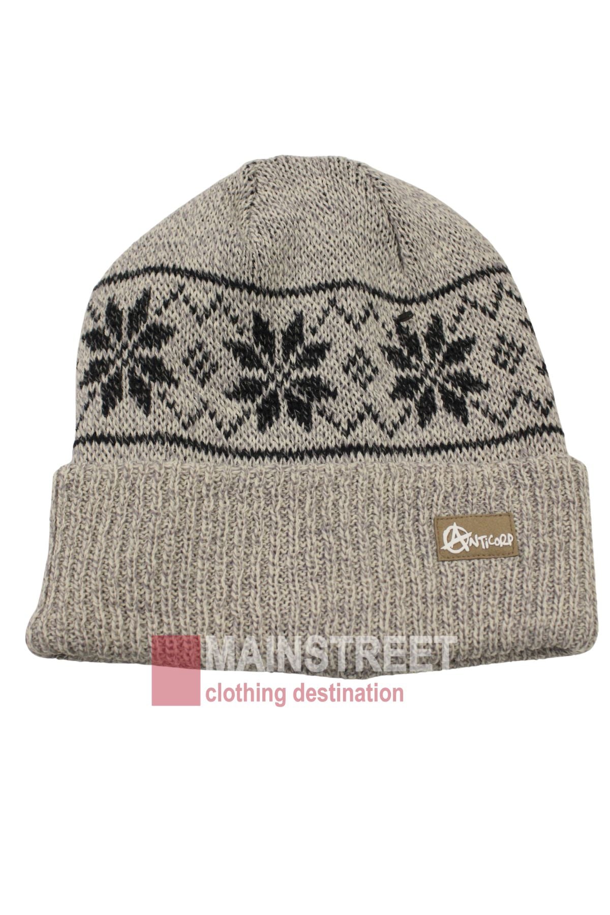 The Anticorp Pattern Beanie is gray with a black snowflake design, folded brim, and a small brown patch label. Set against "MAINSTREET clothing destination" in white and pink, it’s a must-have for your winter look.