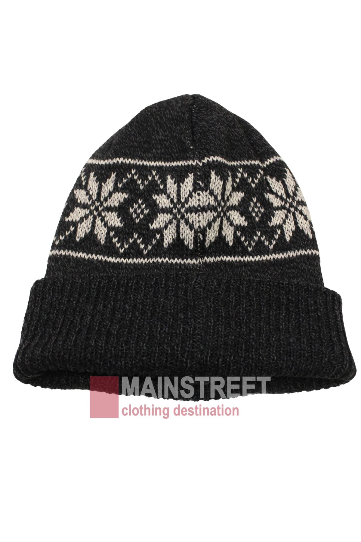 The Anticorp Pattern Beanie is a black knit beanie with a folded brim and white snowflake design around the crown, perfect for winter. The Mainstreet clothing destination logo appears at the bottom of the image.