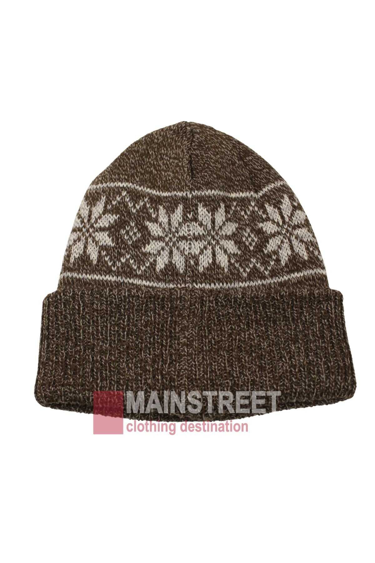 The Anticorp Pattern Beanie is a brown knit hat with white snowflake designs and a folded brim—ideal for your winter style. "MAINSTREET clothing destination" appears at the bottom of the image.