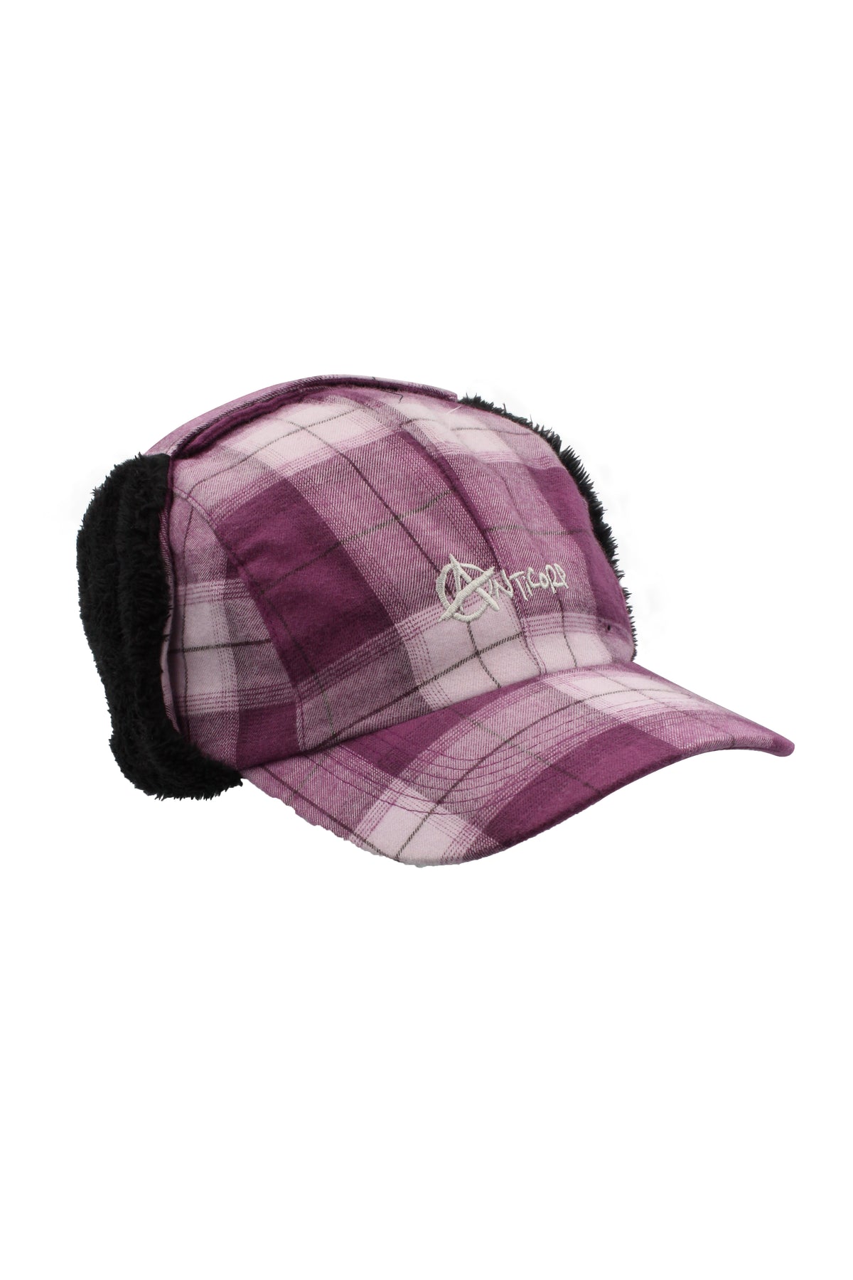 The Anticorp Elmer Tractor Hat features a purple plaid design, black fleece ear flaps, and white embroidered Anticorp lettering on the front, shown against a white background.