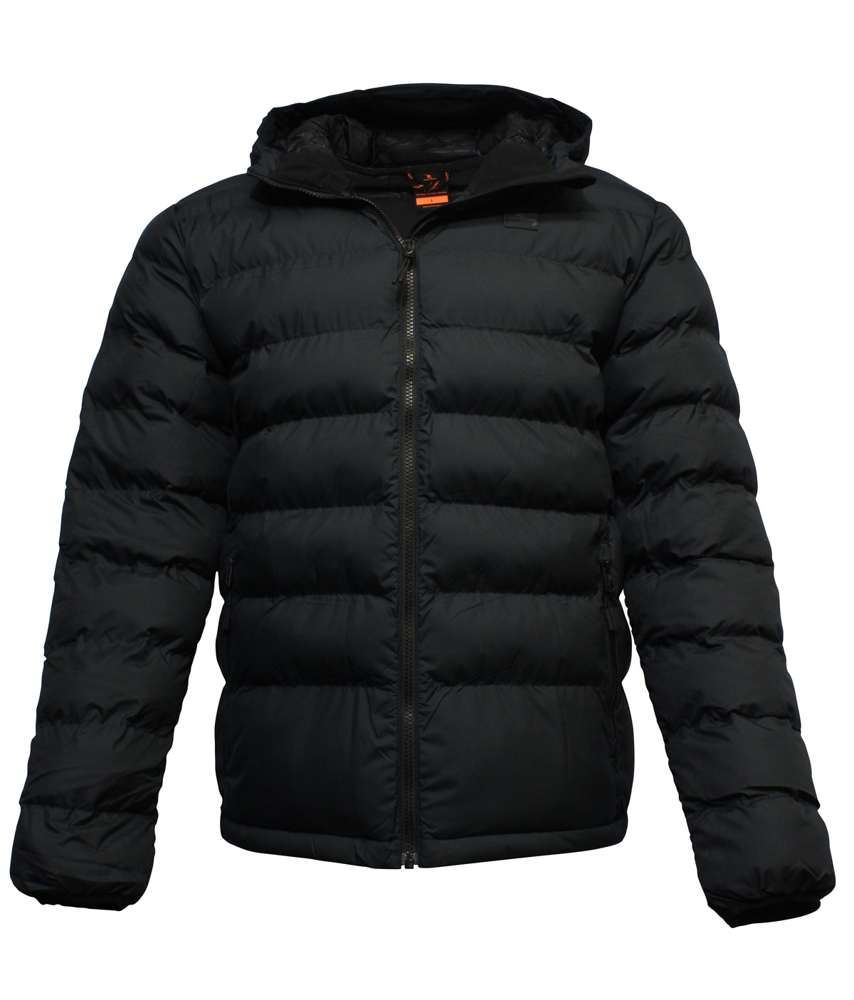 The Rip Curl Anti Series Elite Hooded Puffer Jacket in black, made from recycled fabric, features a front zipper, two side pockets, an attached hood, and is shown against a plain white background.