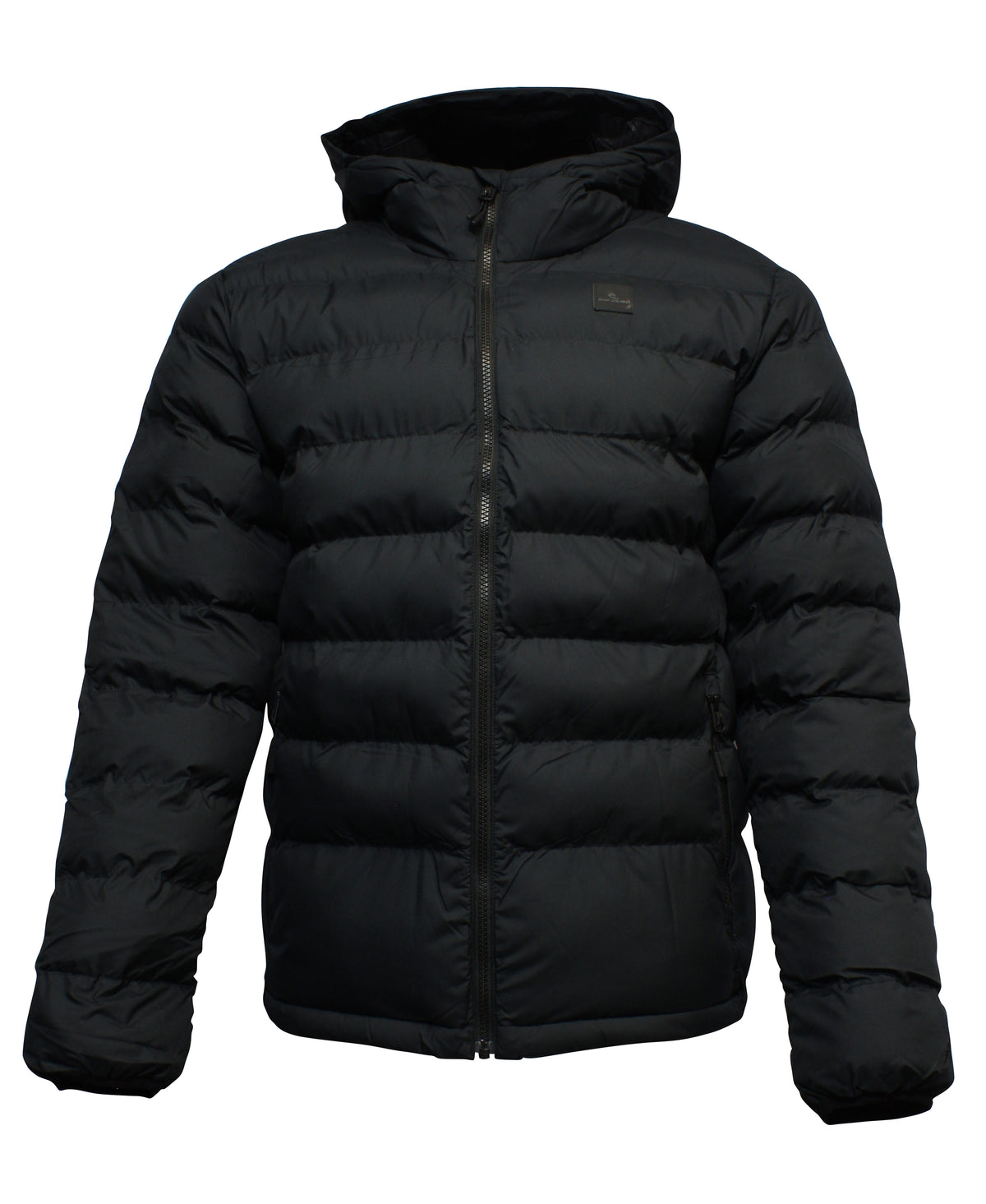 The Rip Curl Anti Series Elite Hooded Puffer Jacket is black, features a front zipper, two side pockets, a hood, and horizontal quilted stitching made from recycled fabric.