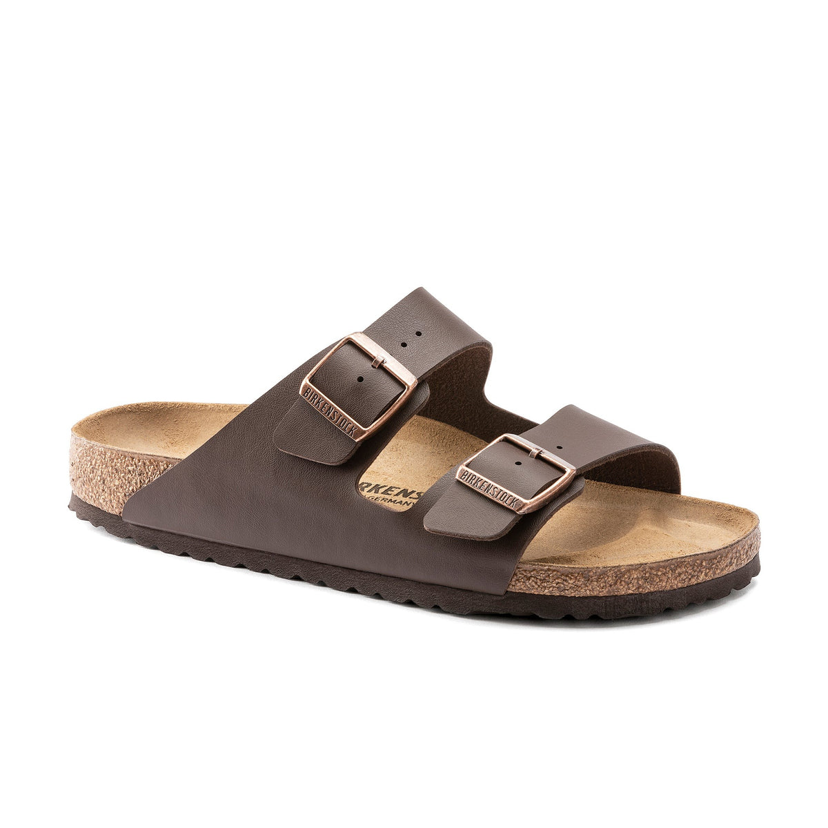 The Birkenstock Arizona Birko-Flor Regular sandal in brown features two adjustable metal buckles, a Birko-Flor upper, cork-latex footbed, black rubber sole, and is photographed against a white background.