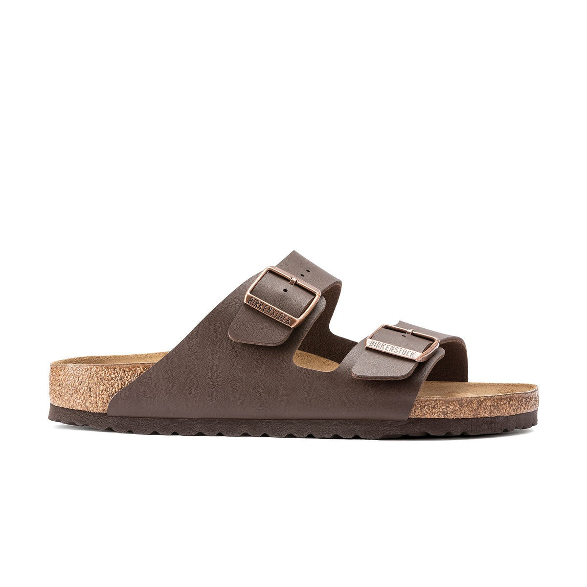 A Birkenstock Arizona Birko-Flor Regular sandal in brown, featuring two adjustable metal buckles and a cork-latex footbed, displayed in a side view on a white background.