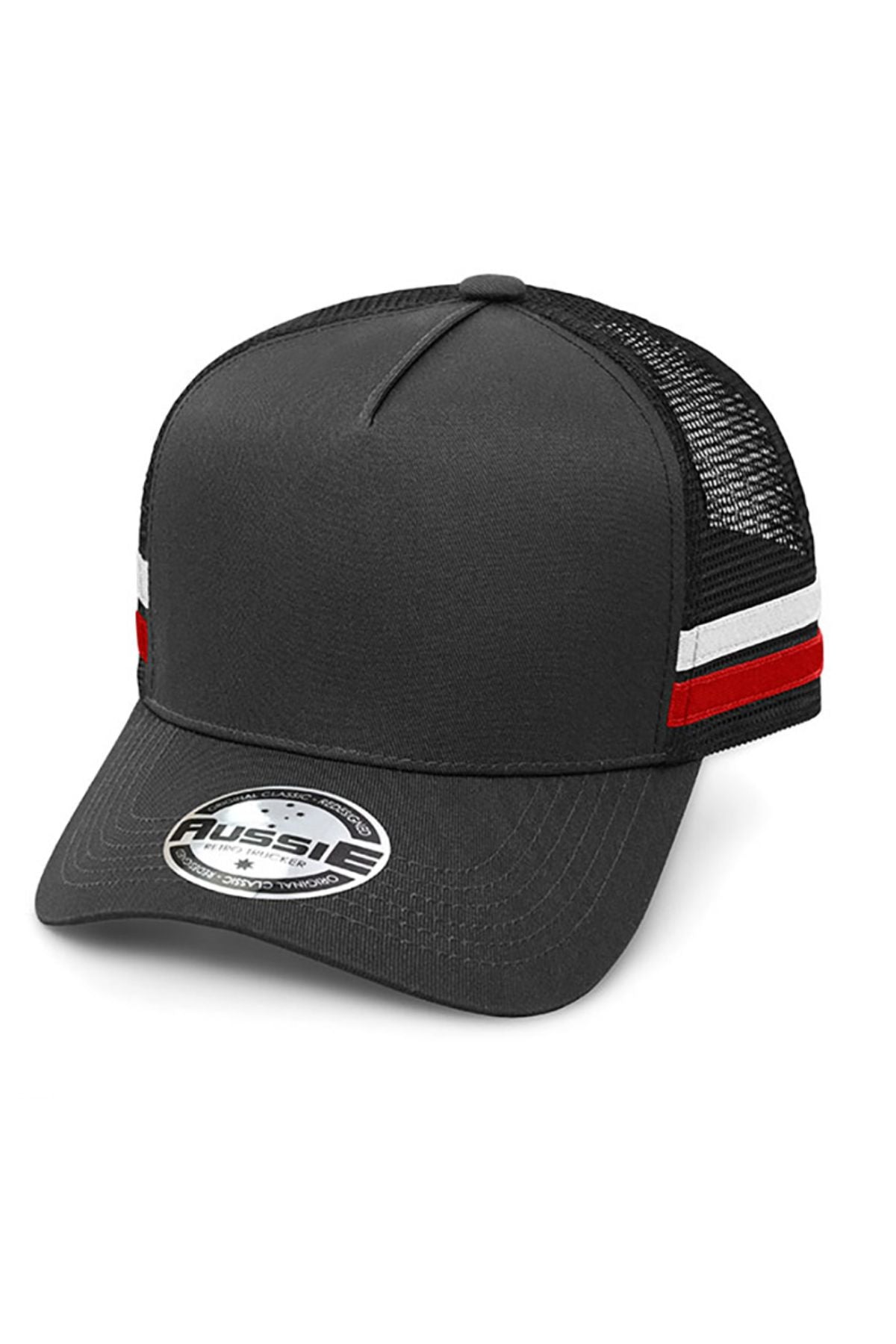 The Aussie A Frame Striped Trucker Cap boasts a flat brim, a front sticker, and combines black with vibrant red and white stripes. It features mesh panels on the back and an adjustable strap for the perfect fit.