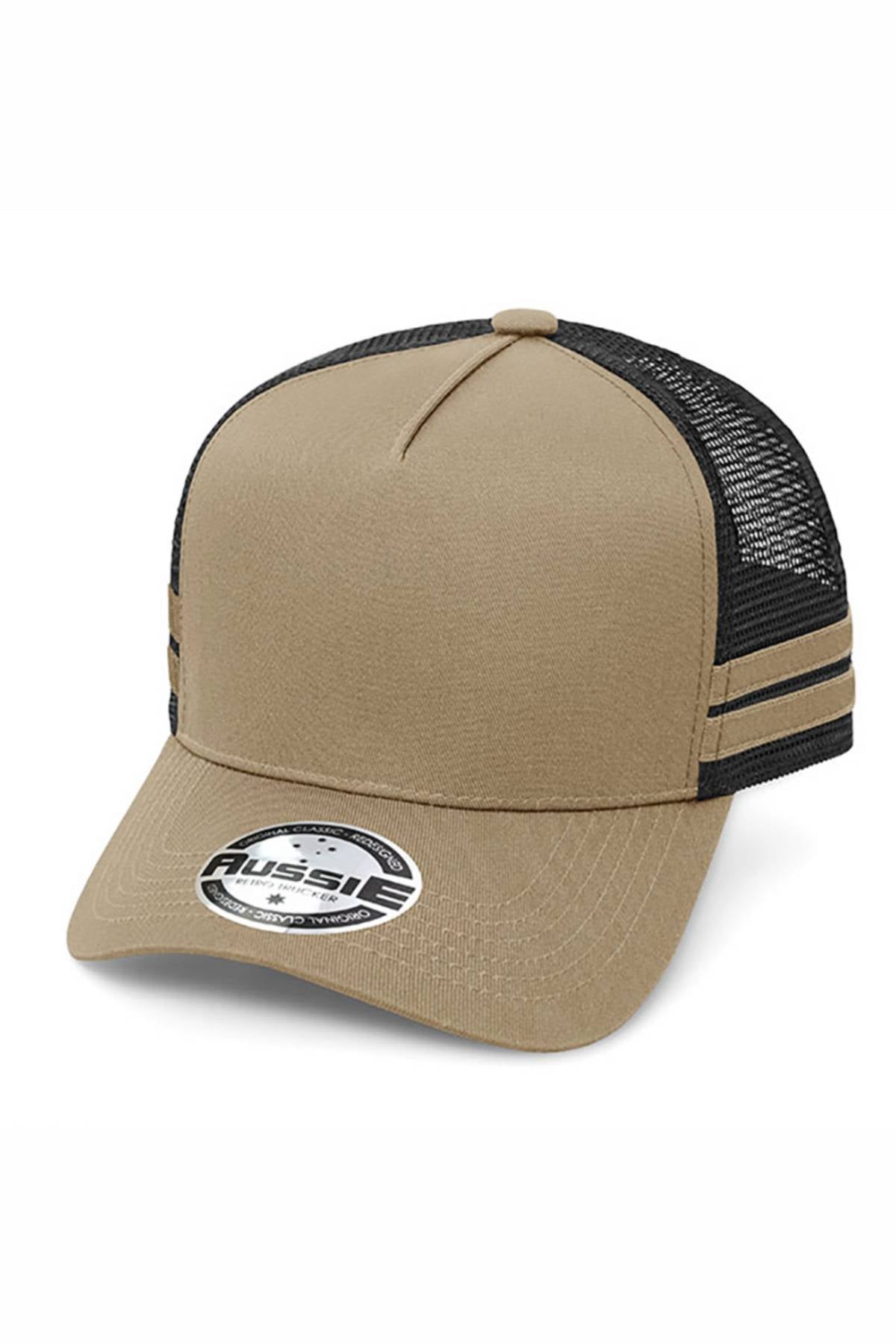 The Aussie A Frame Striped Trucker Cap is a tan and black trucker hat with a curved brim, mesh back, and two tan side stripes. The brim features a round manufacturer sticker.