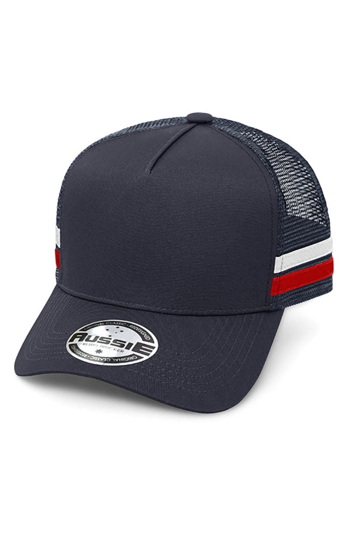 The Aussie A Frame Striped Trucker Cap is a dark blue cap with bold side stripes, a navy mesh back, round branded sticker on the curved brim, and an adjustable strap for a comfortable fit.