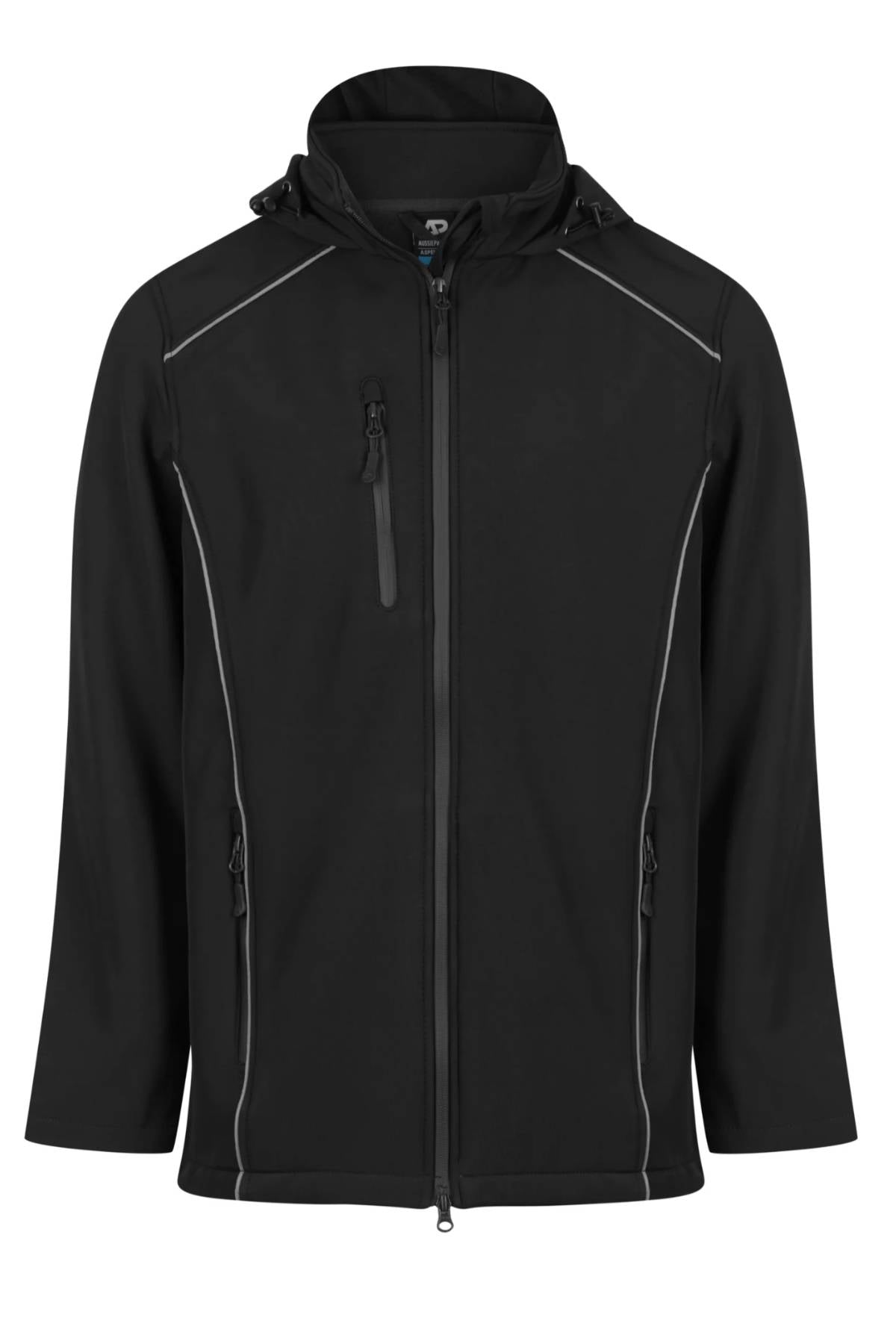 The Aussie Pacific Aspen Softshell Jacket features a black color, waterproof front zipper, two side zip pockets, a zippered chest pocket, and light gray piping accents for a sleek look.
