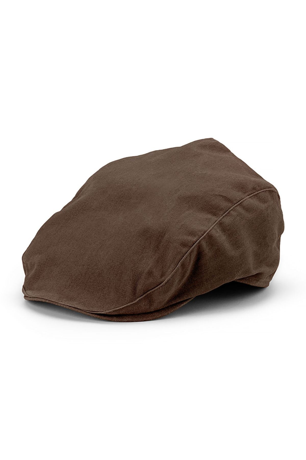 The Avenel Archie Waxed Cotton Ivy Cap, featuring a brown waxed cotton design with a rounded crown and small stiff brim, rests on a white surface, blending classic style with sun protection.
