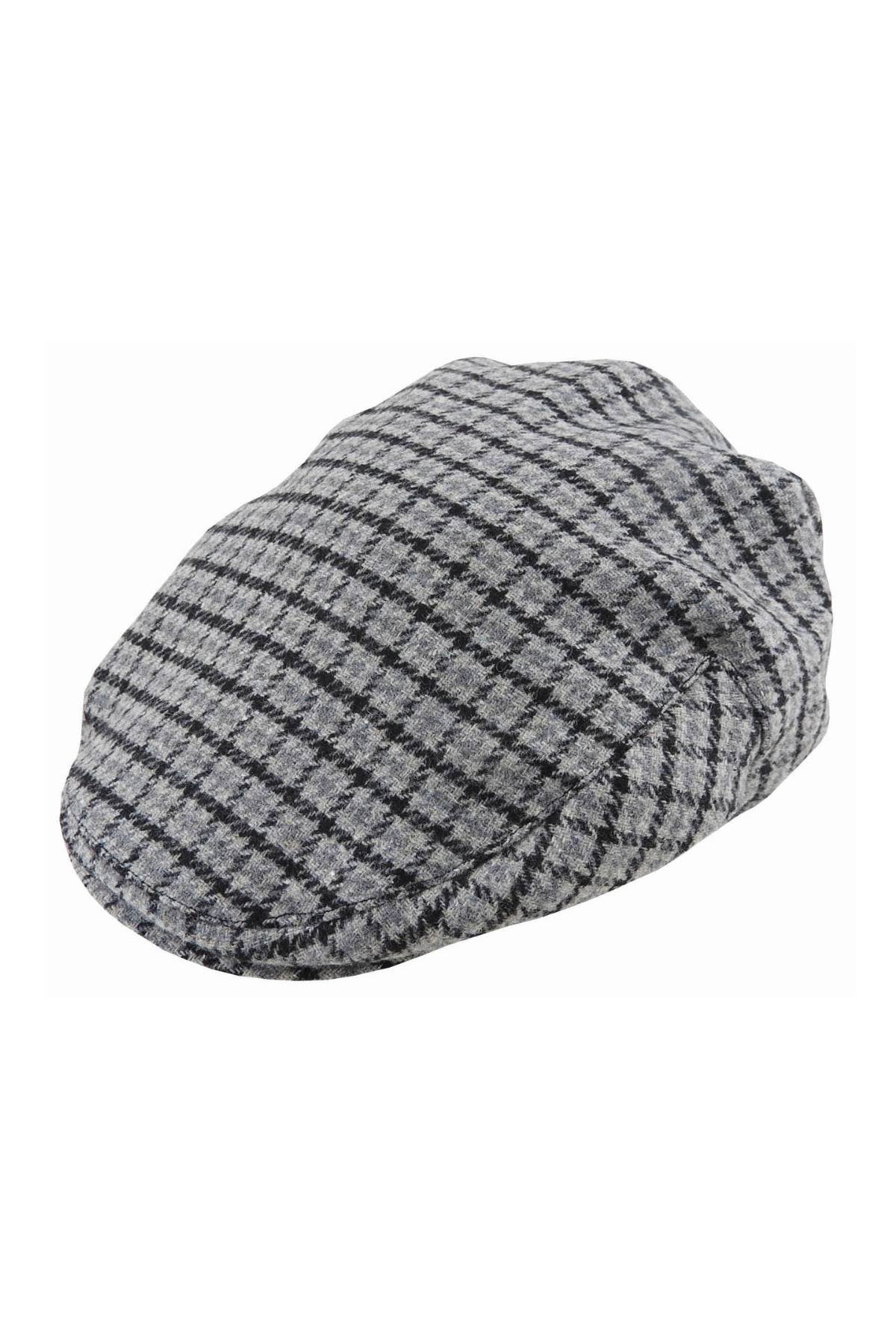 The Avenel Arlo Wool Blend Tweed Cap features a classic flat cap design in gray plaid with a black and white checkered pattern, shown against a white background.