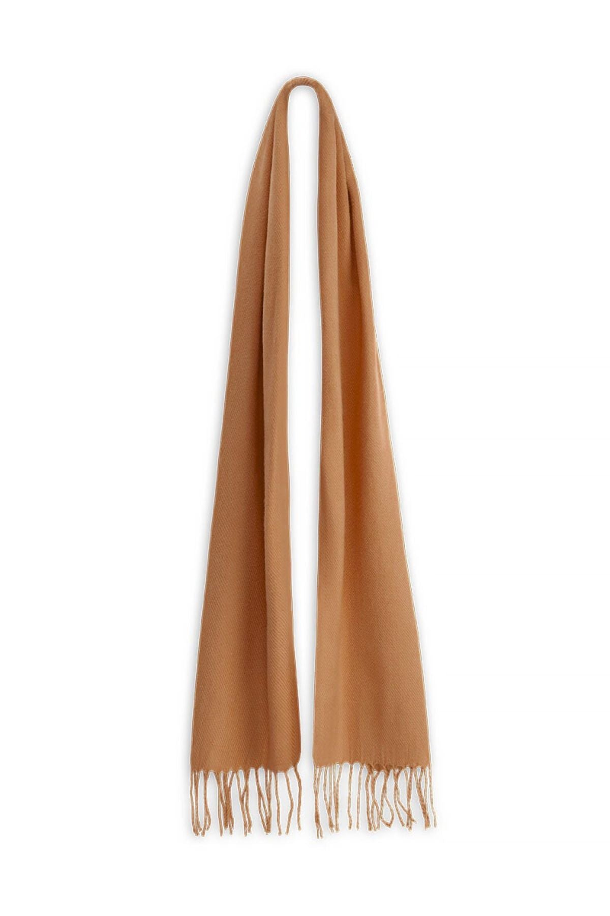 The Avenel Austin Brushed Acrylic Scarf in camel features soft brushed acrylic fabric and fringe detailing on both ends, shown hanging straight against a plain white background.