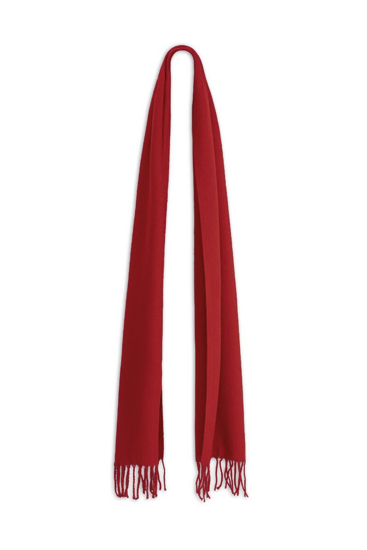 An Avenel Austin Brushed Acrylic Scarf in vibrant red, with elegant fringe ends, hangs vertically against a plain white background.
