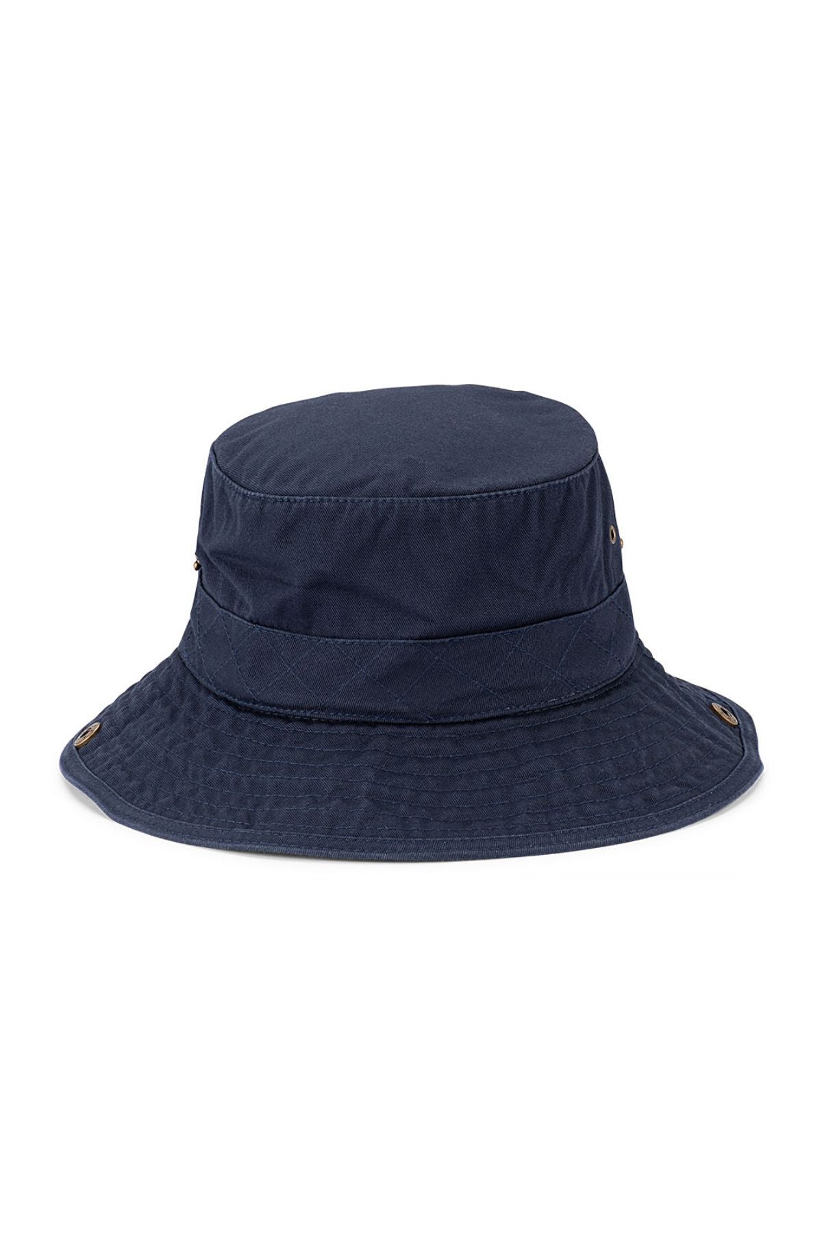 The Avenel Barham Cotton Boonie is a packable dark blue hat with a wide, downward-sloping brim, stitched detailing, and two metal eyelets on each side for ventilation—ideal for sun protection.