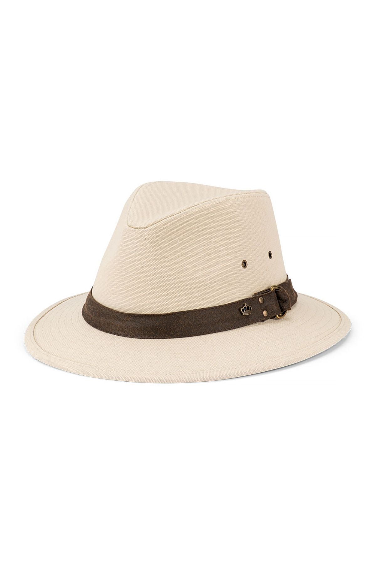 The Avenel Benji Blocked Washed Cotton Canvas Safari is a beige cotton canvas safari hat with a wide brim, dark brown band, and metal side rivets for sun protection.
