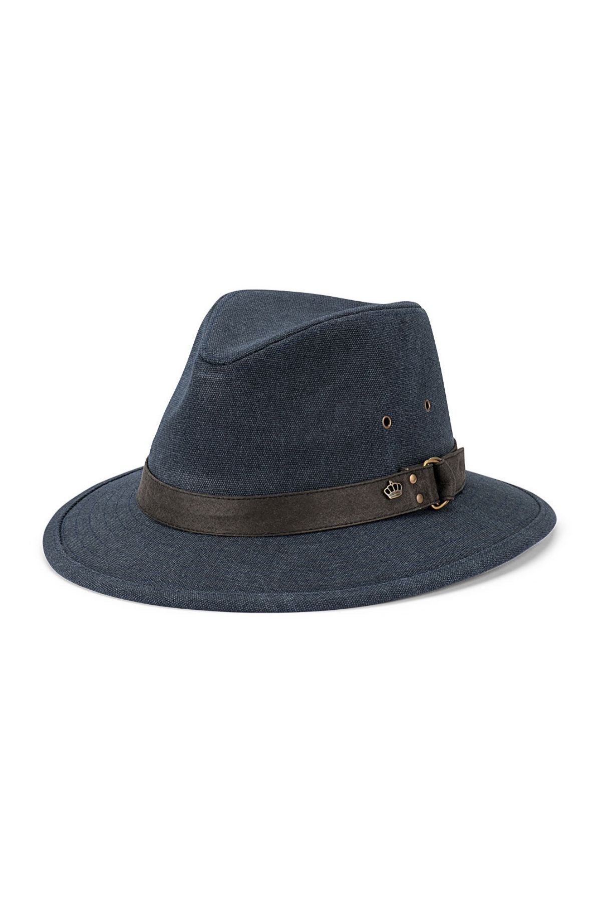 The Avenel Benji Blocked Washed Cotton Canvas Safari is a dark blue fedora-style safari hat with a wide brim, made from cotton canvas for sun protection, and features a black leather band with a metal buckle accent.