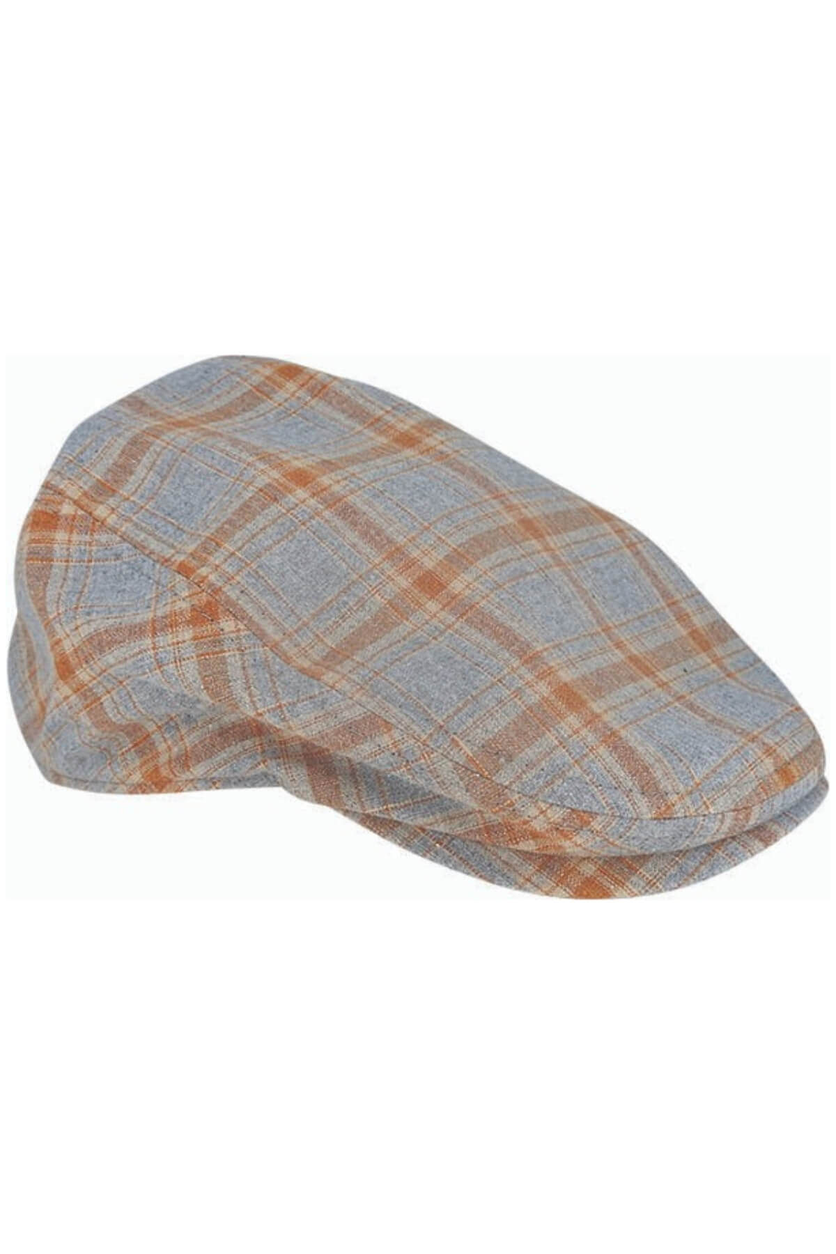 The Avenel Cotton Check Ivory Cap is a lightweight summer accessory with a light gray and orange plaid pattern, featuring a classic curved brim and intersecting squares in its design.