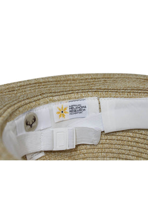 Close-up of the inside of the Avenel Crushable Two Tone Safari Traveller, featuring a white label with the "Australian Melanoma Research Foundation" logo and text, plus an adjustable white strap.