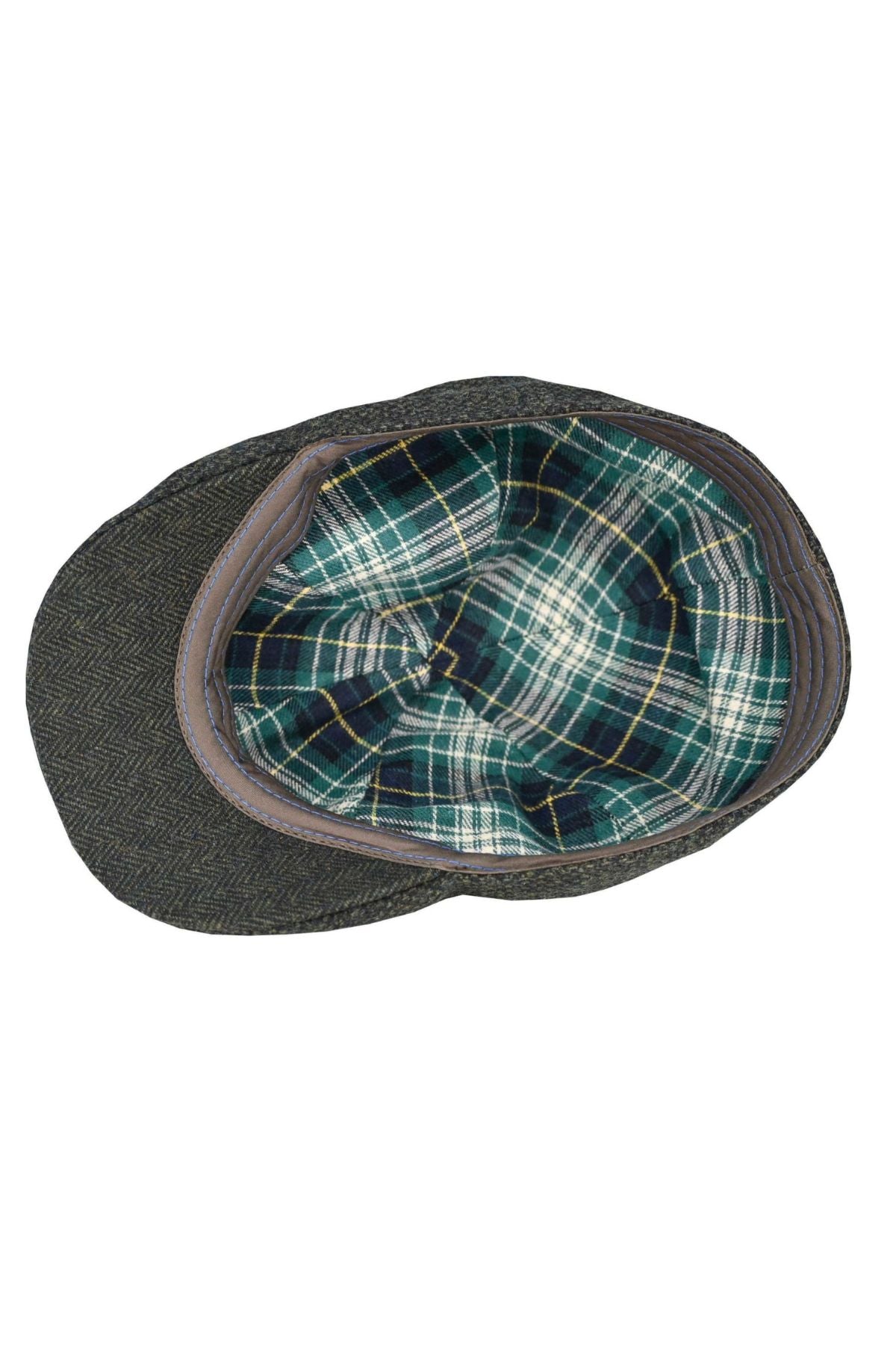 The Avenel Cunningham Six Panel Nailhead Wool Blend Cap features a dark gray herringbone outer and, when reversed, reveals a green and blue plaid lining with yellow and white intersecting stripes.