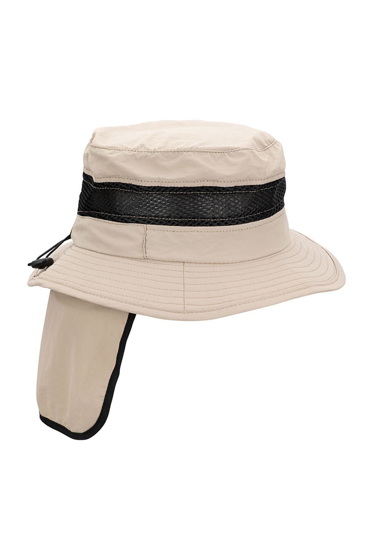 The Avenel Finn Polyester Hat is a light beige wide-brimmed bucket hat with a black mesh ventilation band and a legionnaire neck flap for superior sun protection.