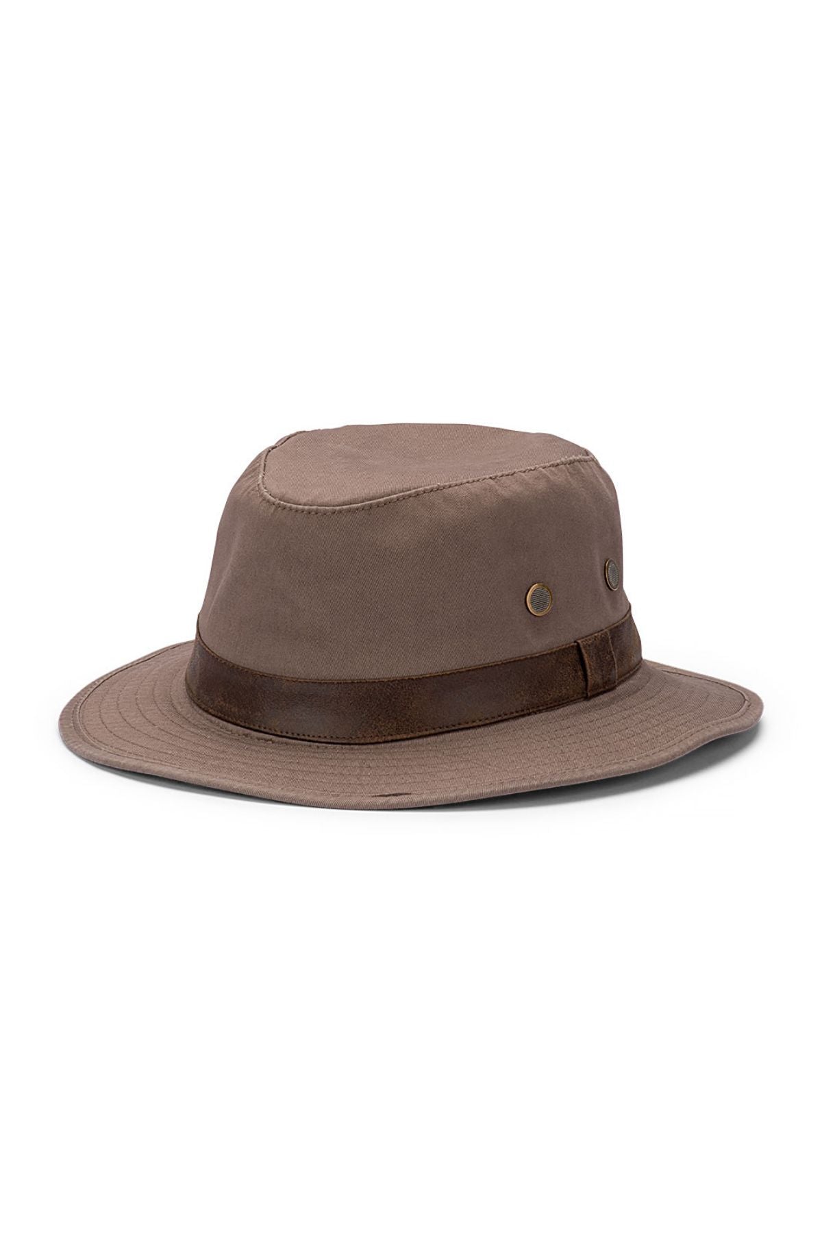 The Avenel Grayson Cotton Twill Small Brim Hat features a brown cotton twill design, dark brown band, metal side eyelets, and stylish sun protection—shown against a plain white background.