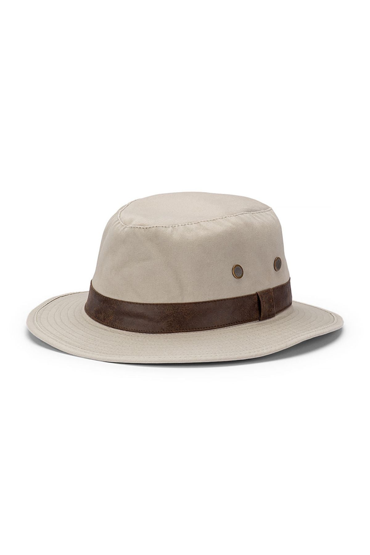 The Avenel Grayson Cotton Twill Small Brim Hat is a light beige safari-style hat with a dark brown band, side ventilation eyelets, and a small brim for sun protection.