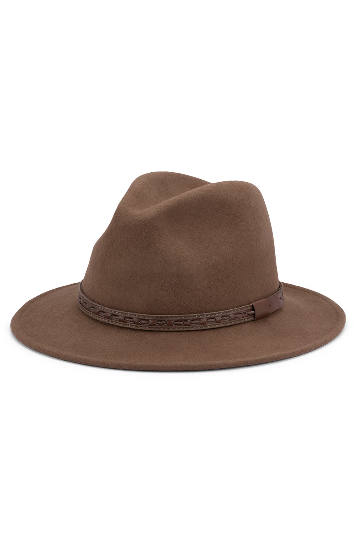 The Avenel Johnny Crushable Water Repellent Wool Felt Safari is a brown wide-brimmed fedora with a matching braided crown band, featuring a crushable design and shown on a plain white background.