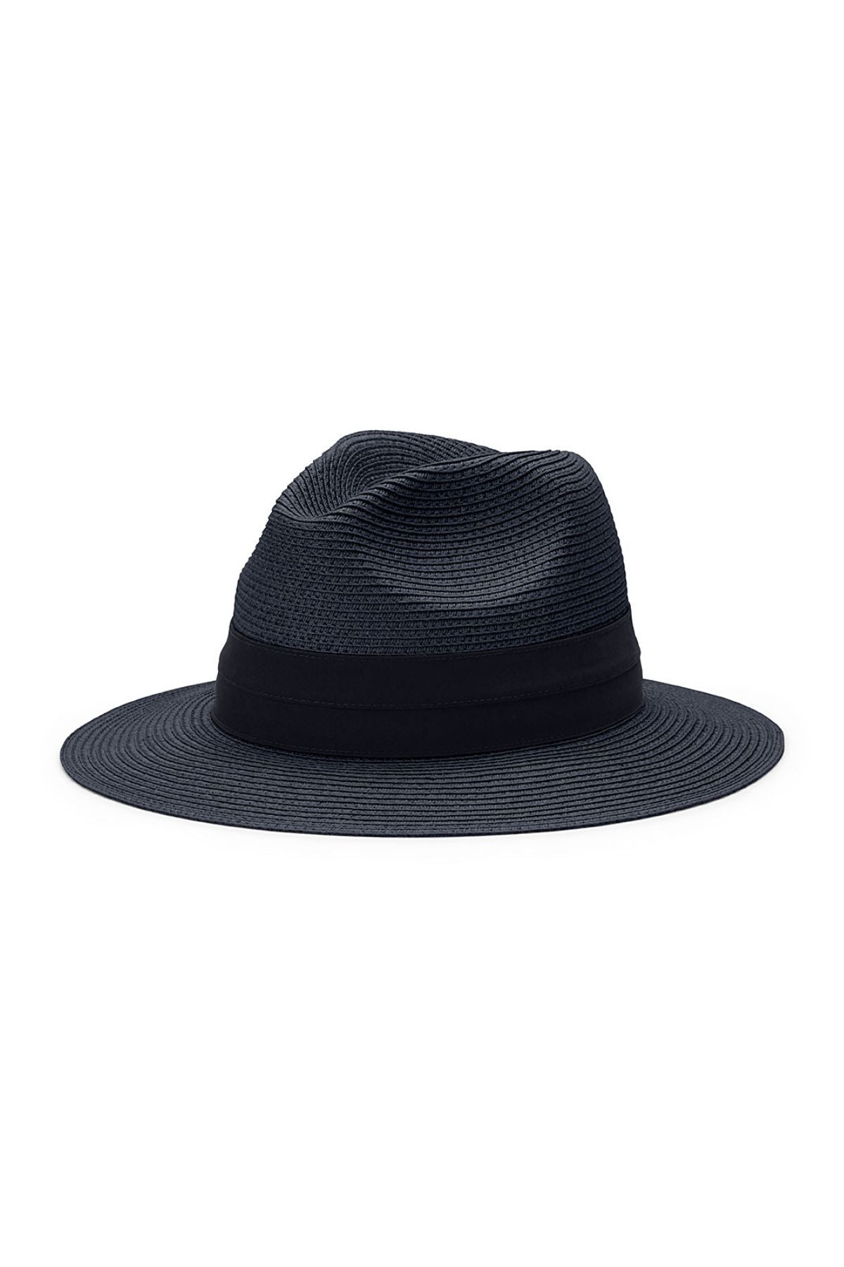 The Avenel Lucca Paper Braid Safari is a black woven fedora with a wide brim, matching black band, and UPF50+ protection, shown against a white background for stylish sun safety.