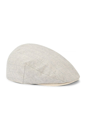 The Avenel Manhattan Linen Blend Textured Flat Cap features light gray textured fabric, a sleek rounded shape, and a small front brim, shown on a white background.