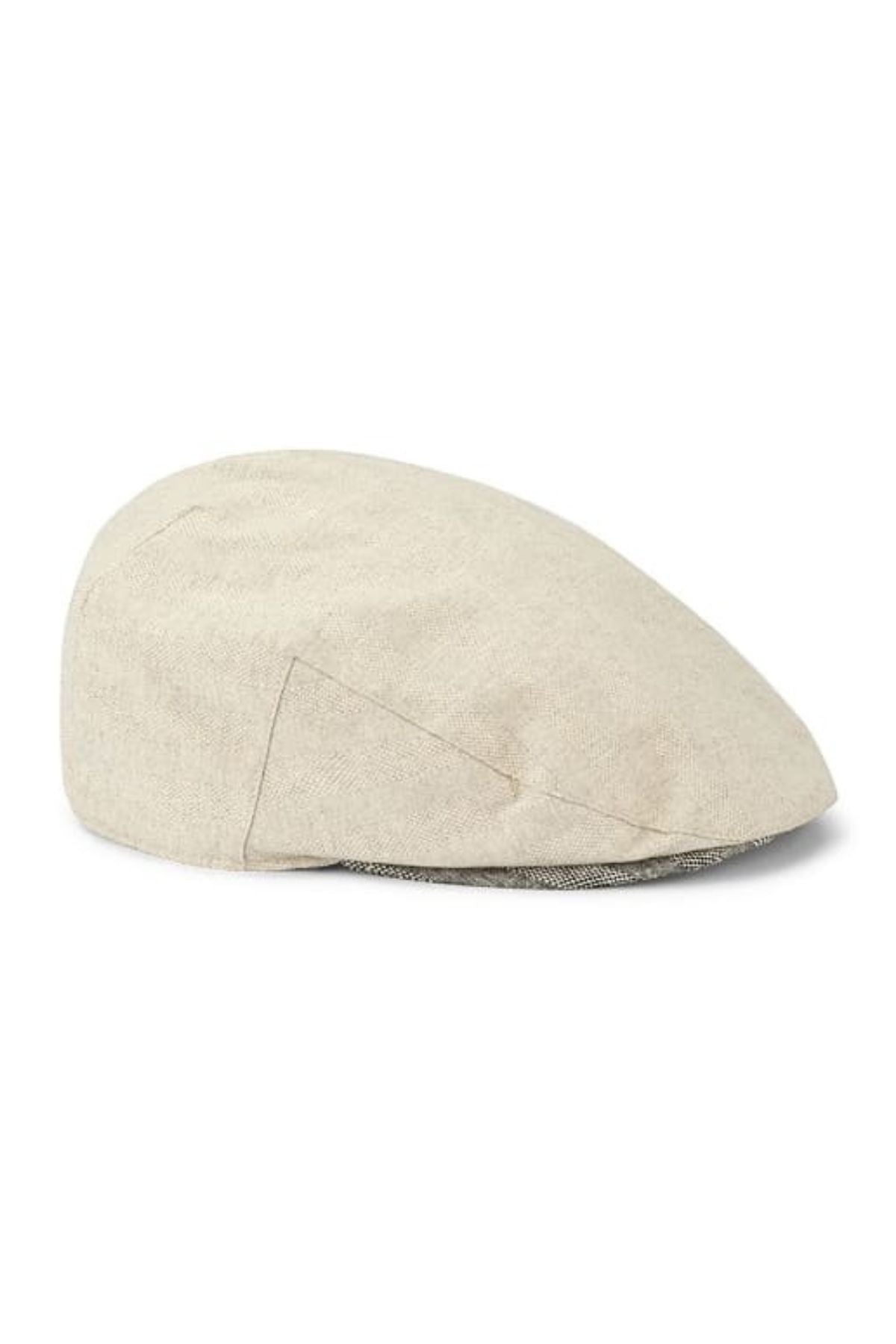The Avenel Manhattan Linen Blend Textured Flat Cap is shown from the side in beige against a white background.