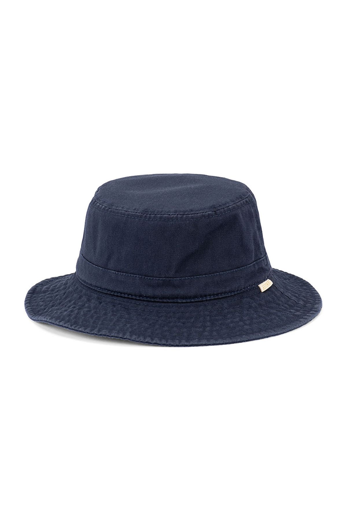 The Avenel Merrick Washed Cotton Small Brim Bucket Hat in navy features a simple band and a downward-sloping brim. Stylish and packable, it's ideal for on-the-go adventures.