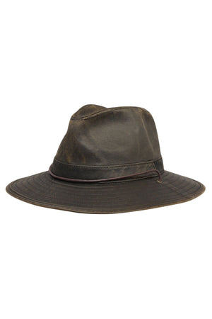 The Avenel Oakridge Weathered Cotton Safari is a wide-brim hat in dark brown with a creased crown and thin band, providing stylish sun protection with UPF50+ for confident outdoor adventures.