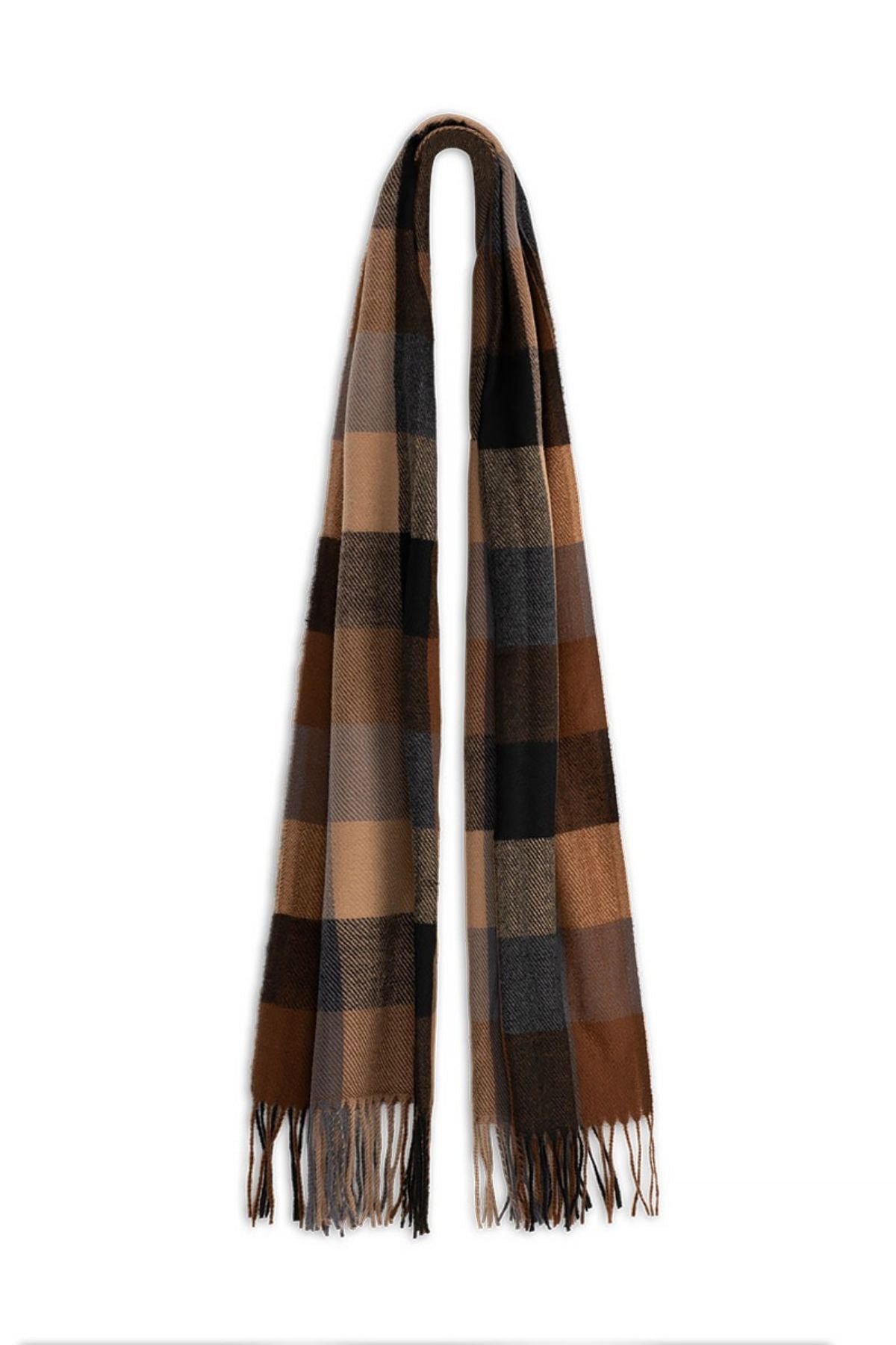 The Avenel Piper Wide Check Scarf is a long, super-soft polyester accessory in brown, beige, black, and gray plaid with fringed ends, shown on a white background.
